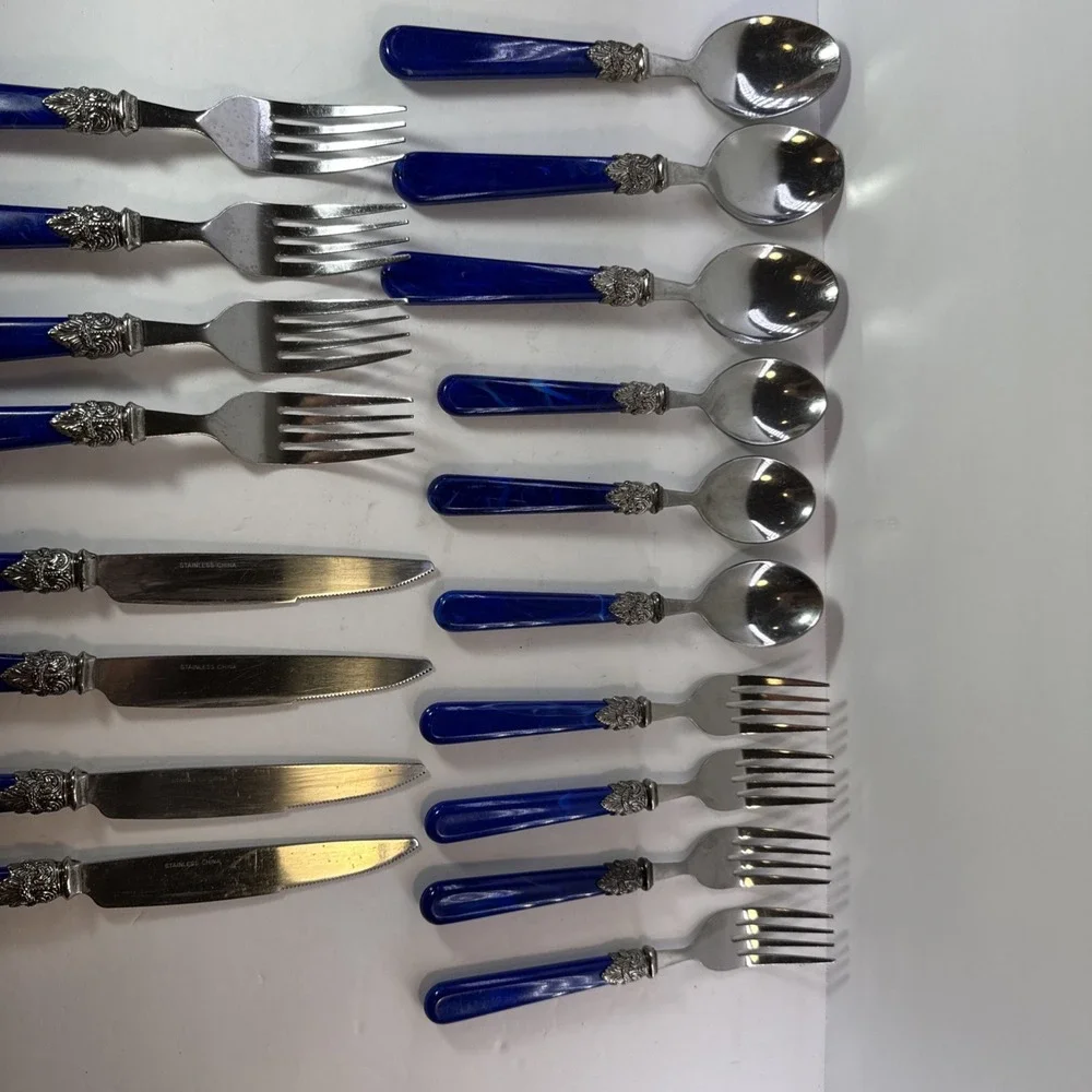 Vtg Blue Marbled Swirl Acrylic Handle Silverware Stainless Flatware Forks Spoons